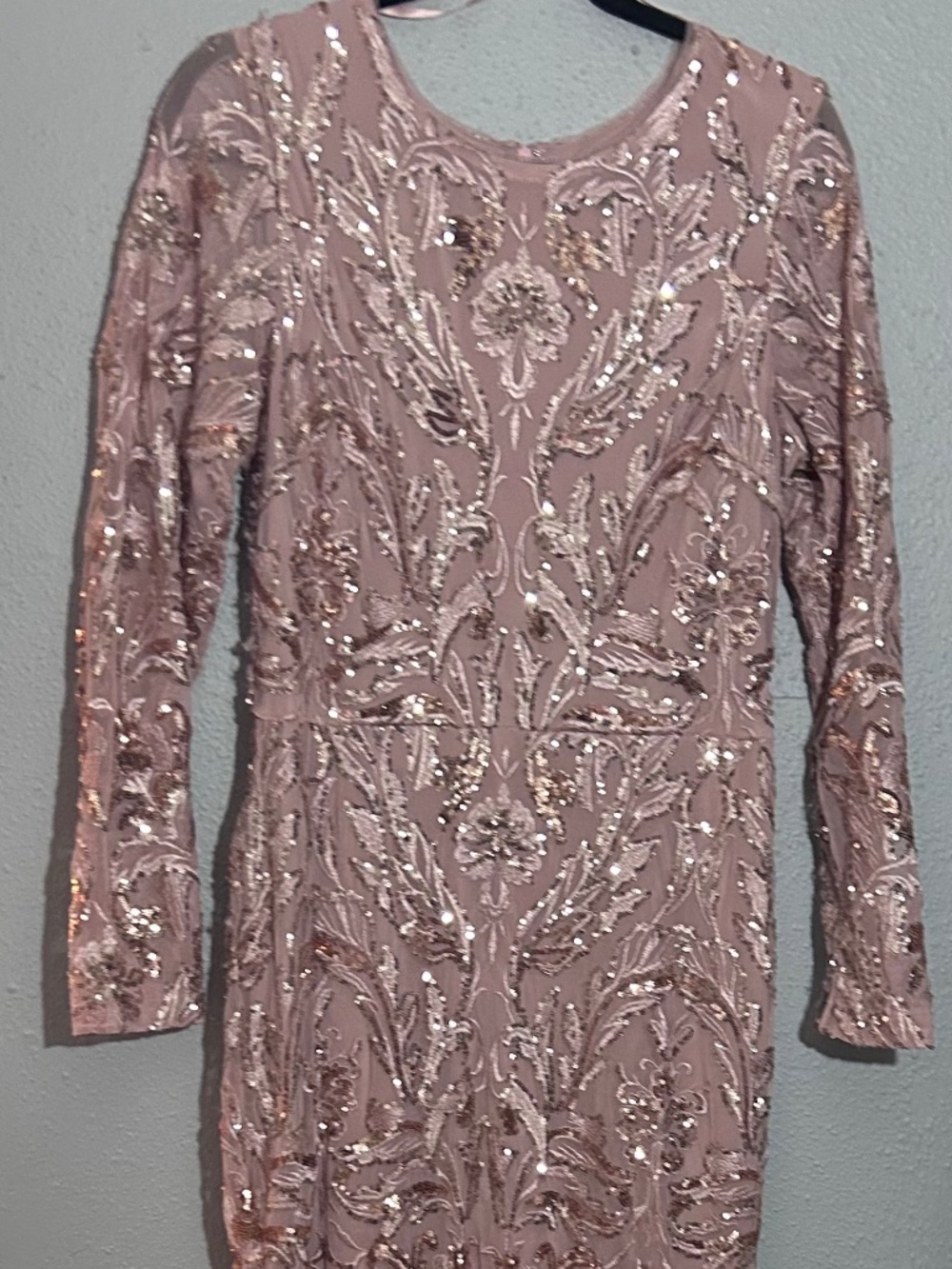 Xscape Rose Gold Sequin Embroidered Long Sleeve Gown Size 10